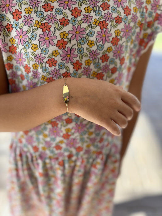 14k Gold Baby ID Bracelet with Gold Name Overlay and Enamel Colored Flowers