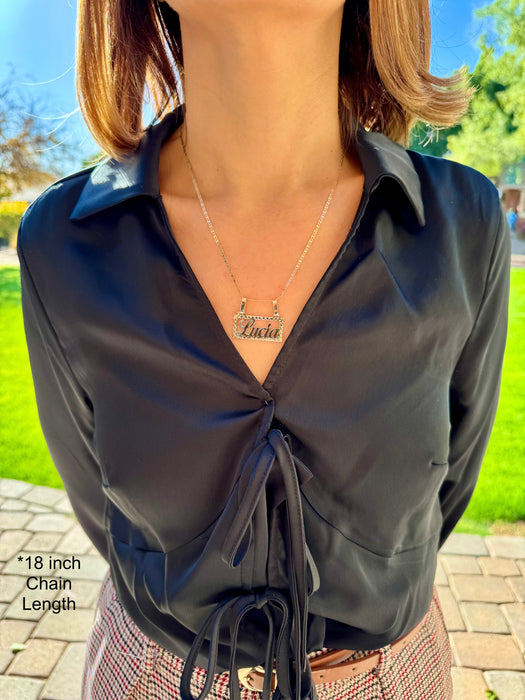 14k Diamond Cut Edge Cursive Nameplate Cutout with TriGold Valentino Necklace