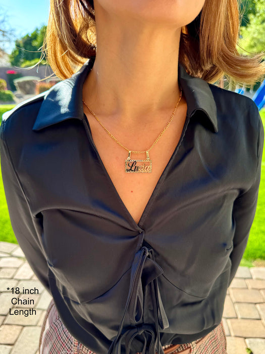 14k Diamond Cut Edge Cursive Nameplate Cutout with Solid Figaro Necklace