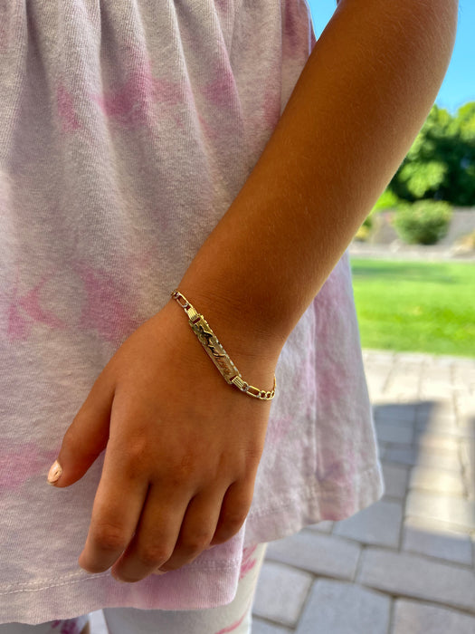 14k Kids Gold ID Bracelet with Gold Name Overlay and Figaro Pavé Link - MyBabyGold