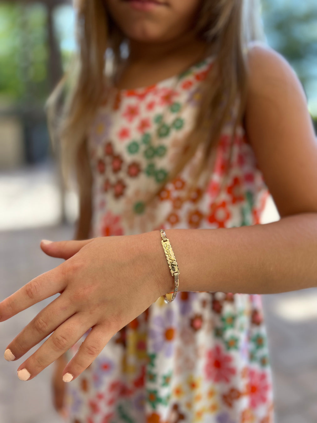 14k Kids Gold ID Bracelet with Gold Name Overlay and Wide Tri Tone Valentino Links - MyBabyGold