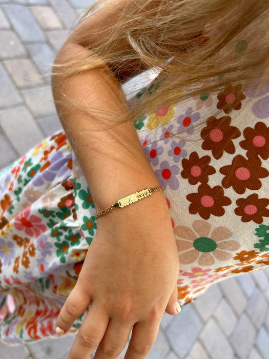 14k Kids Gold ID Bracelet with Gold Name Overlay and Figaro Bracelet - MyBabyGold