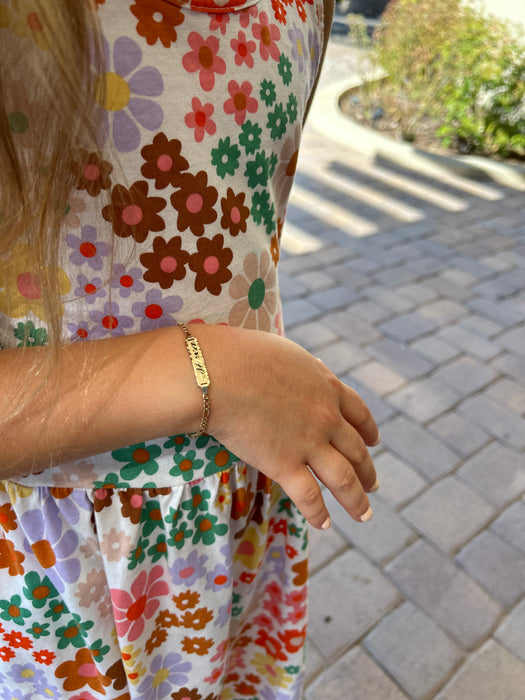 14k Kids Gold ID Bracelet with Gold Name Overlay and Figaro Bracelet - MyBabyGold