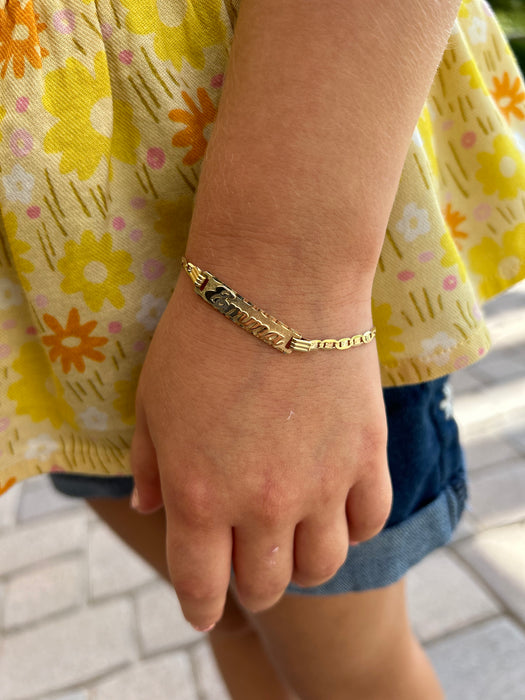 14k Kids Gold ID Bracelet with Gold Name Overlay and Valentino Links - MyBabyGold