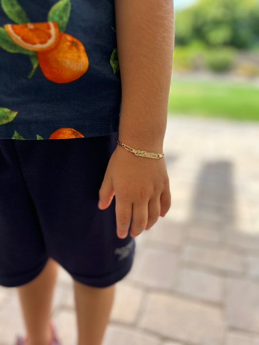 14k Kids Gold ID Bracelet with Gold Name Overlay and Figaro Pavé Link - MyBabyGold