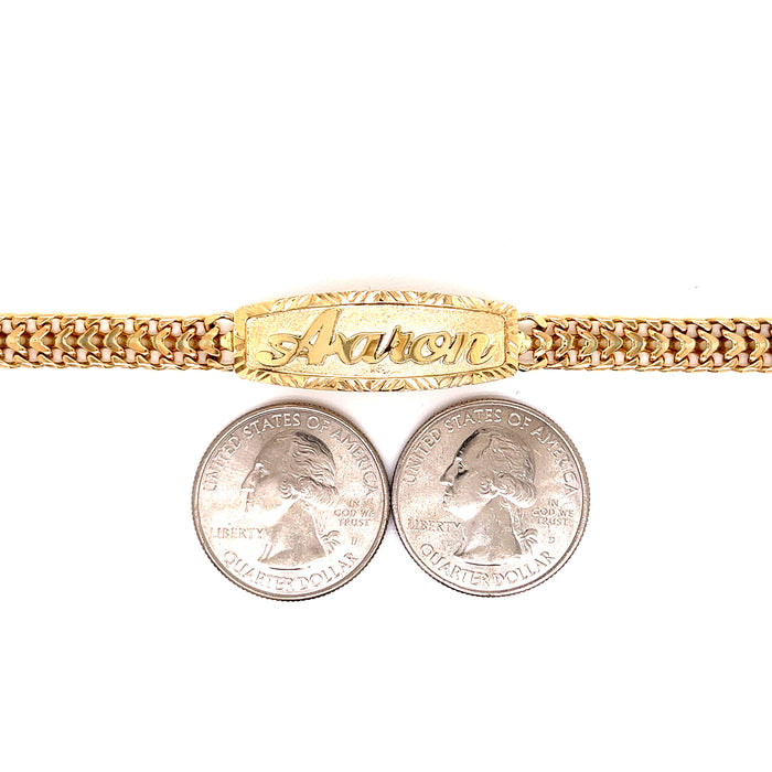 14k Kids Gold Petatillo ID Bracelet with Gold Name Overlay - MyBabyGold