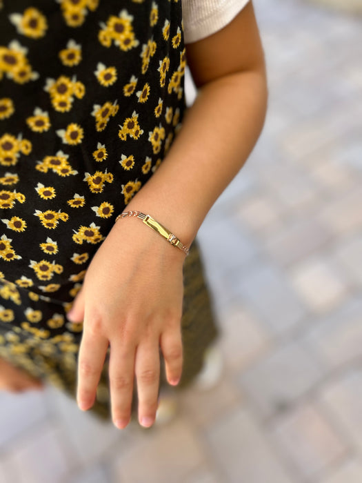 14k Kids Gold ID Bracelet with Gold Name Overlay and Butterfly