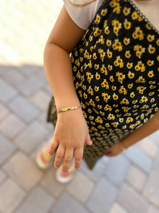 14k Kids Gold ID Bracelet with Rose and Tri-Color Figaro Links - MyBabyGold