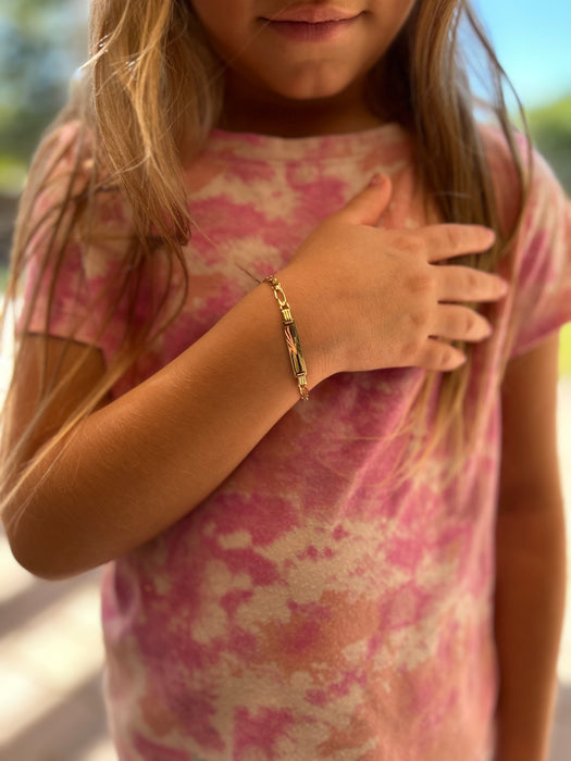 14k Kids Gold ID Bracelet with Gold Name Overlay and Figaro Chain