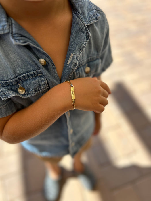 14k Kids Gold ID Bracelet with Gold Name Overlay and Figaro Chain