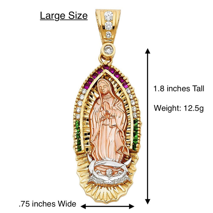 14k Large Virgin Mary Pendant White Green Red Gemstones and Solid Figaro Chain