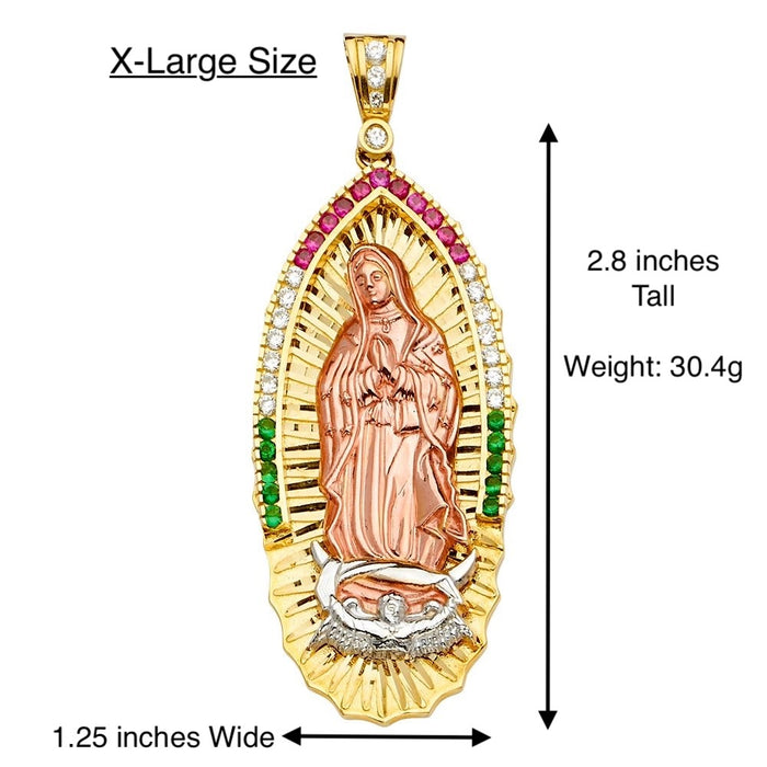 14k Large Virgin Mary Pendant White Green Red Gemstones and Solid Figaro Chain