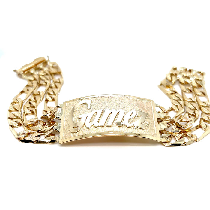 14k Gold Mens Three Row Nugget Figaro Link ID Bracelet with Gold Name Overlay