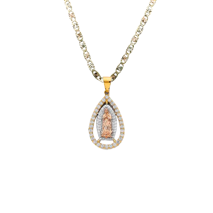 14k Virgin Mary Teardrop Pendant with White Gemstone Bezel