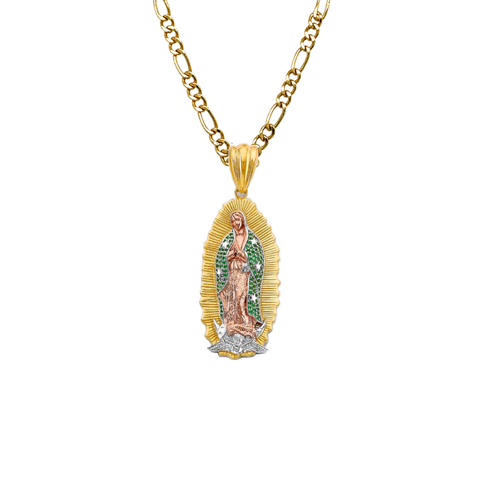 14k Virgin Mary Pendant with Green Gemstone Cloak and Solid Figaro Chain