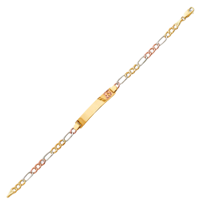 14k Gold Quinceañera Bracelet Diamond Cut Tri Color Figaro Links with Gold Name Overlay - LE-871