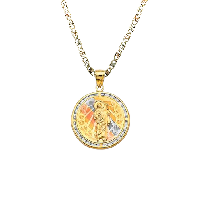 14k San Judas Round Gemstone Gold Pendant with Solid Chain - LE-3049