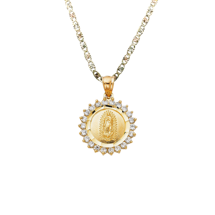 14k Virgin Mary Round Pendant with White Gemstone Bezel and Solid Chain