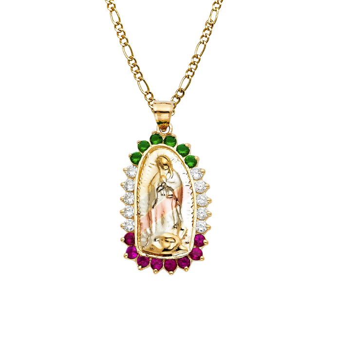 14k Virgin Mary Pendant with White Red Green Gemstone Bezel and Solid Figaro Chain