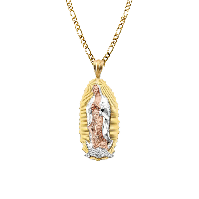 14k Virgin Mary Pendant with White Gold Cloak and Solid Figaro Chain