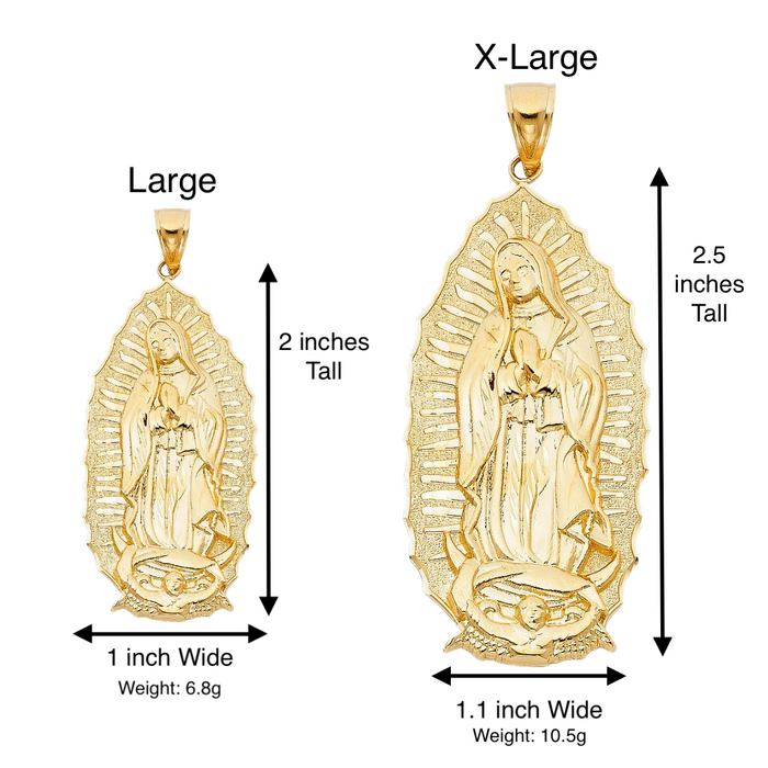 14k Large Virgin Mary Pendant All Yellow with Solid Figaro Chain