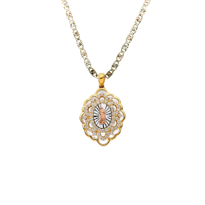 14k Virgin Mary Medallion Pendant with White Gemstones