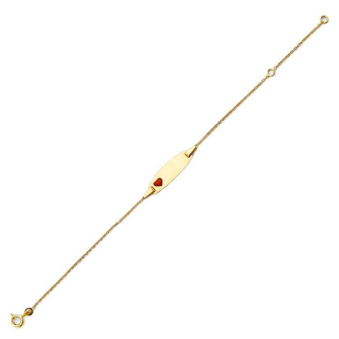 14k Gold Baby ID Bracelet with Gold Name Overlay and Enamel Red Heart