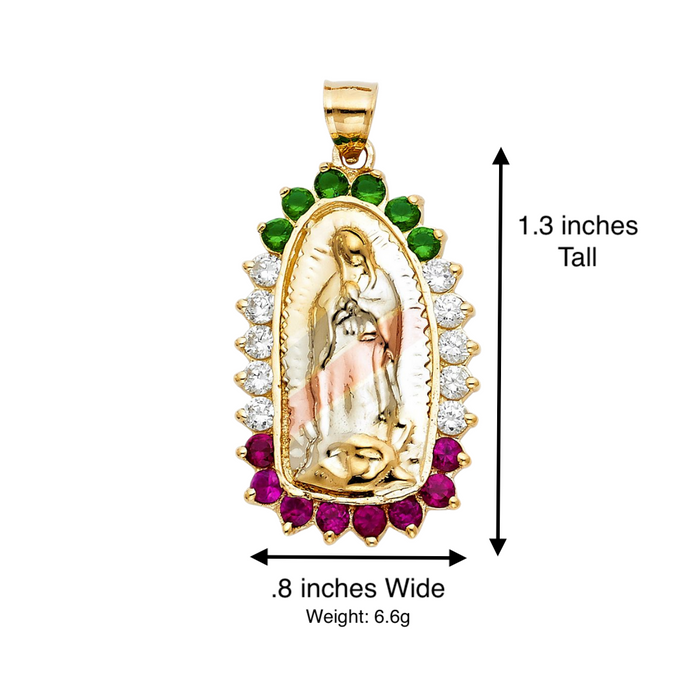 14k Virgin Mary Pendant with White Red Green Gemstone Bezel and Solid Figaro Chain