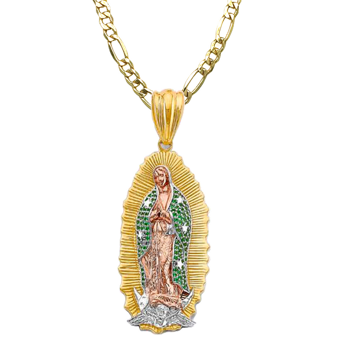 14k Large Virgin Mary Pendant with Green Gemstone Cloak and Solid Figaro Chain