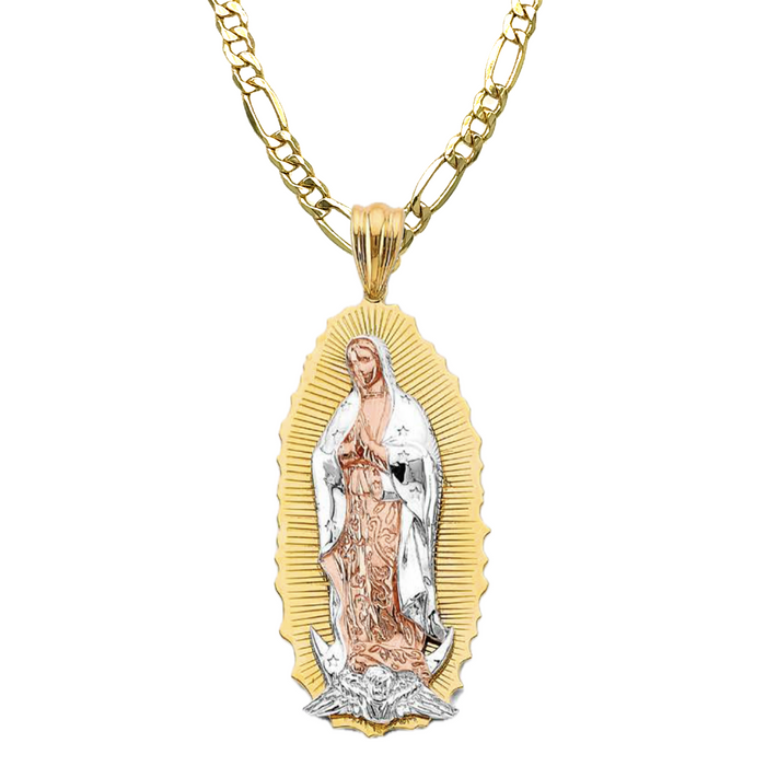 14k Large Virgin Mary Pendant with White Gold Cloak and Solid Figaro Chain