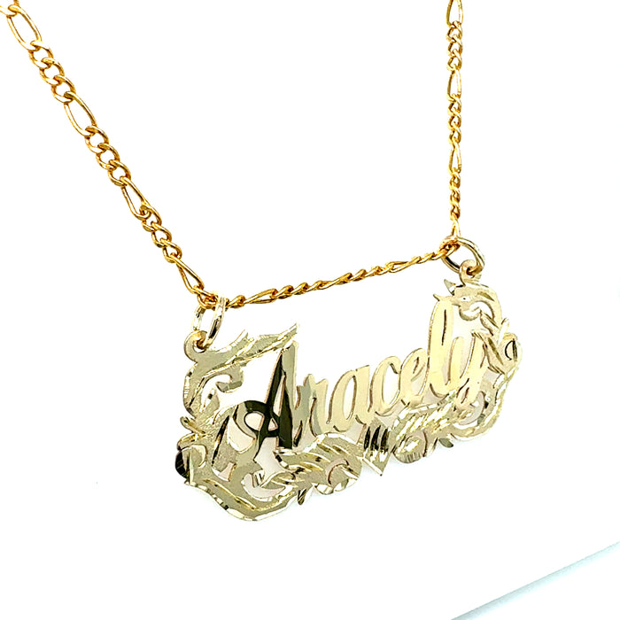 14k Gold Cursive Name Pendant with Diamond-Cut Leaf Accents and Solid Figaro Chain Necklace