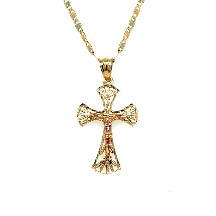 14k Rose Gold Jesus Cross Pendant with Solid Chain - LE-2709