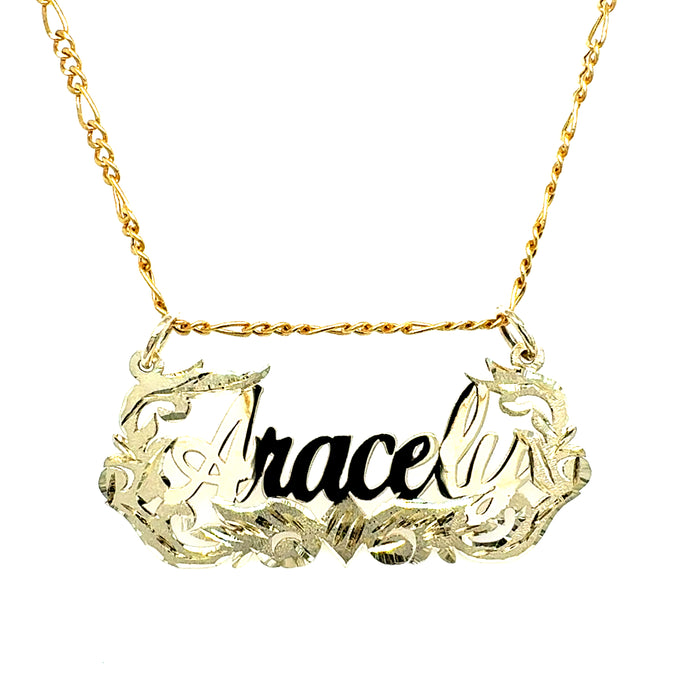 14k Gold Cursive Name Pendant with Diamond-Cut Leaf Accents and Solid Figaro Chain Necklace